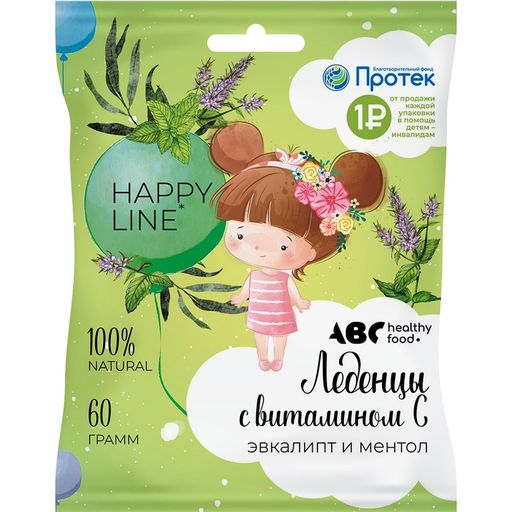 ABC Healthy Food Happy line Леденцы на основе трав с витамином С, эвкалипт ментол, 60 г, 1 шт.